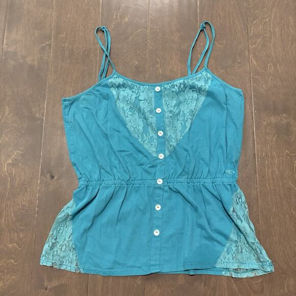 Y2K Fairy Tank Size XL Teal Lace Inset Festival Button Front Surf Beach Coquette - Picture 1 of 11